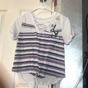 White, blue, and red crop-top. Looney tunes